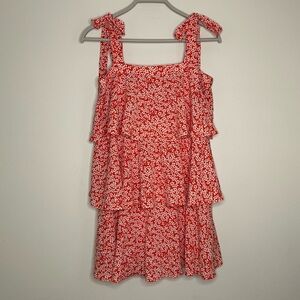 Entro Size M Red Floral Tiered Ruffle Dress with Ties for Straps